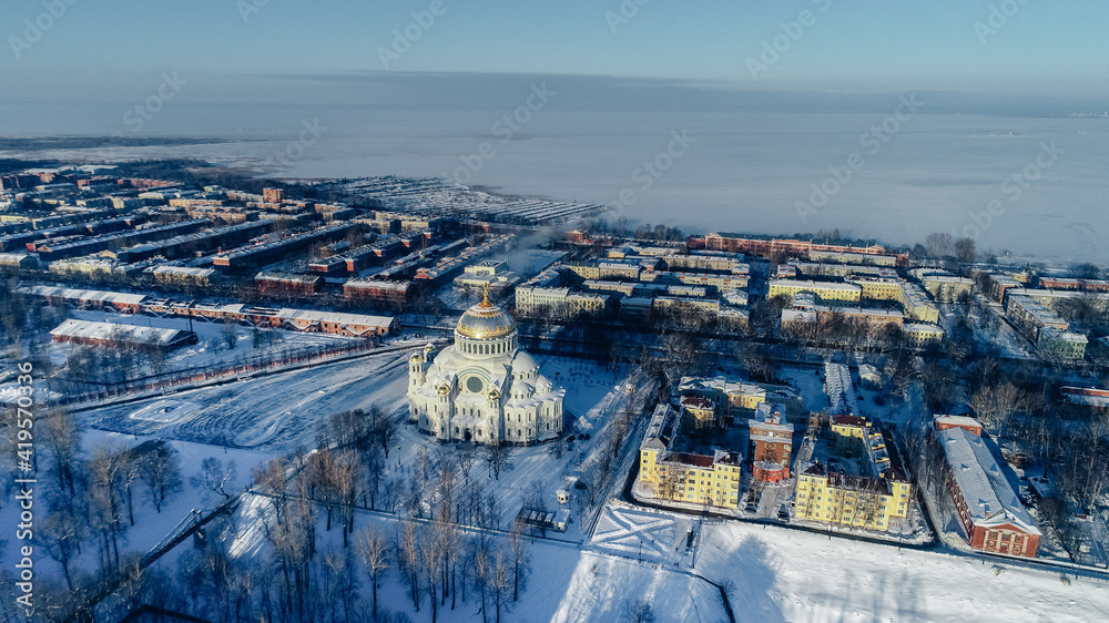 Panoramic aerial view of the Naval Cathedral of St. Nicholas the Wonderworker in Kronstadt. Anchor area. Kotlin Panoramic aerial view of the Naval Cathedral of St. Nicholas the Wonderworker in Kronstadt. Anchor area. Kotlin