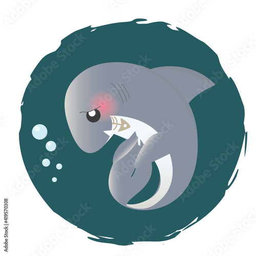 Cute shy cartoon shark in water with bubbles. Vector
