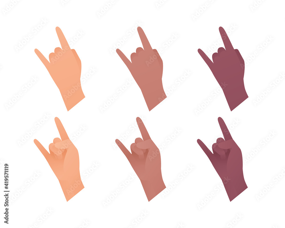 Hand gesture icon collection. Vector flat multiracial llustration set. Rock and roll arm sign. Caucasian, african american and indian ethnic. Evil heavy music concert symbol. Design element for web. Hand gesture icon collection. Vector flat multiracial llustration set. Rock and roll arm sign. Caucasian, african american and indian ethnic. Evil heavy music concert symbol. Design element for web.