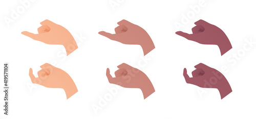 Hand gesture icon collection. Vector flat multiracial llustration set. Caucasian, african american and indian ethnic. Come hither sign. Come closer, invite, flirting symbol. Design element for web.