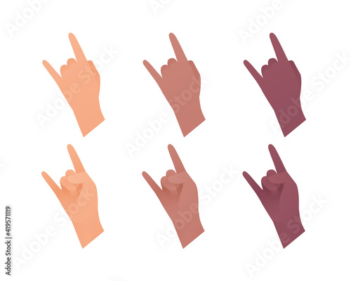 Hand gesture icon collection. Vector flat multiracial llustration set. Rock and roll arm sign. Caucasian, african american and indian ethnic. Evil heavy music concert symbol. Design element for web.