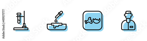 Set line Broken flask, Test tube on fire, Petri dish with pipette and Laboratory assistant icon. Vector.