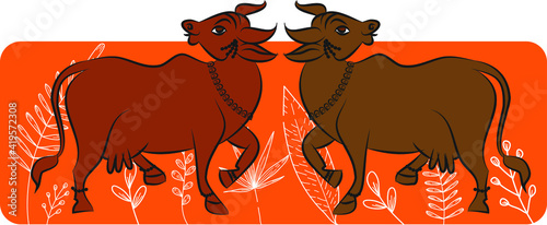 Holy cow in Kalamkari Indian traditional folk art on linen fabrics. It can be used for a coloring book, textile/ fabric prints, phone case, greeting card. logo, calendar