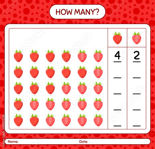 How many counting game with strawberry worksheet for preschool kids, kids activity sheet, printable worksheet