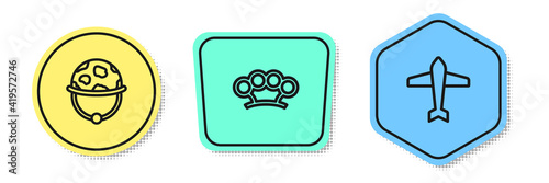 Set line Military helmet, Brass knuckles and Jet fighter. Colored shapes. Vector.