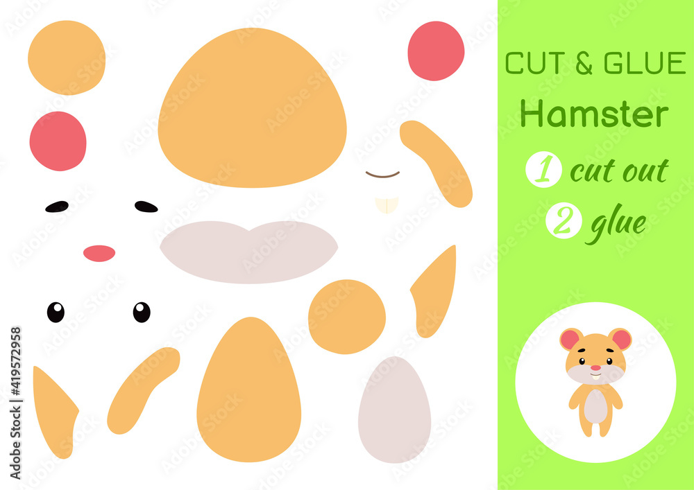 Cut and glue paper little hamster. Kids crafts activity page. Educational game for preschool children. DIY worksheet. Kids art game and activities jigsaw. Vector stock illustration.
