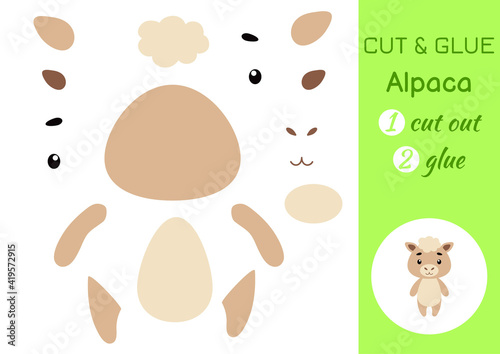 Cut and glue paper little alpaca. Kids crafts activity page. Educational game for preschool children. DIY worksheet. Kids art game and activities jigsaw. Vector stock illustration.