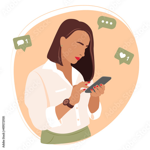 Girl with phone, vector simple flat illustration .Woman uses a smartphone.Vector illustration in flat style.