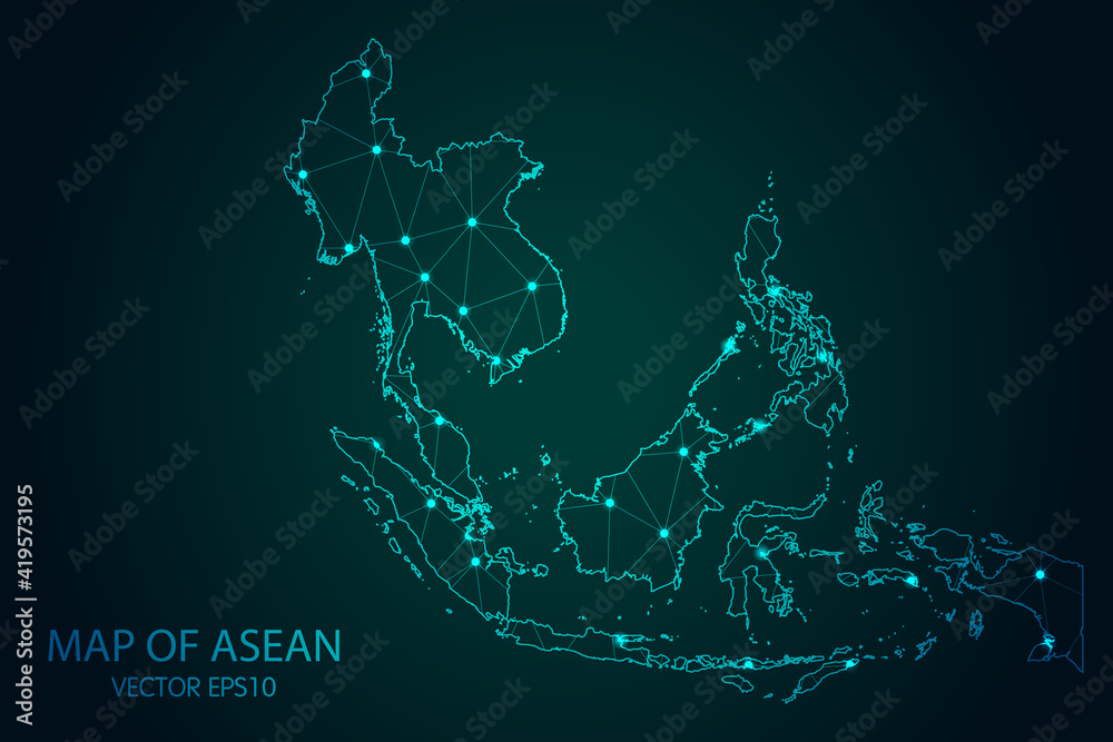 Vecteur Stock Map of Southeast Asia - With glowing point and lines ...