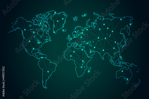 Map of World - With glowing point and lines scales on The Dark Gradient Background, 3D mesh polygonal network connections. Vector illustration eps10.