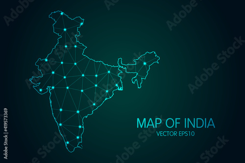 Map of India - With glowing point and lines scales on the dark gradient background, 3D mesh polygonal network connections.Vector illustration eps 10.