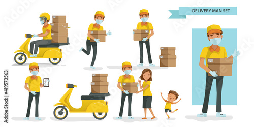 Delivery man mask set. Send the parcel. Order products online and stay at home during the lockdown.