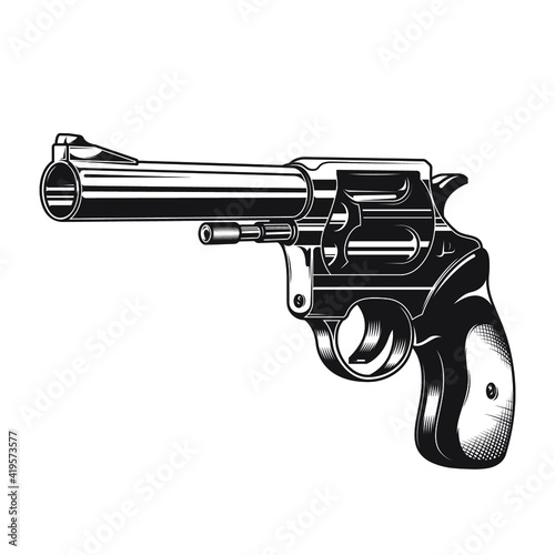 Vector vintage revolver tattoo illustration. A gun monochrome clipart illustration isolated on white background. Tshirt, logo, tattoo template.