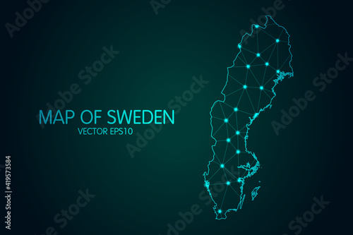 Map of Sweden - With glowing point and lines scales on the dark gradient background, 3D mesh polygonal network connections.Vector illustration eps 10.