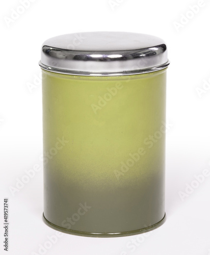 Old yellow tin can, isolated on white