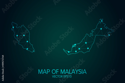 Map of Malaysia - With glowing point and lines scales on the dark gradient background, 3D mesh polygonal network connections.Vector illustration eps 10.