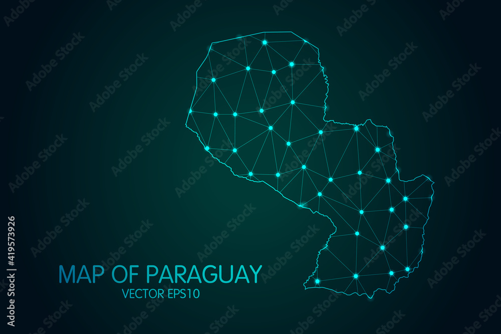 Map of Paraguay - With glowing point and lines scales on The Dark Gradient Background, 3D mesh polygonal network connections. Vector illustration eps 10. Map of Paraguay - With glowing point and lines scales on The Dark Gradient Background, 3D mesh polygonal network connections. Vector illustration eps 10.