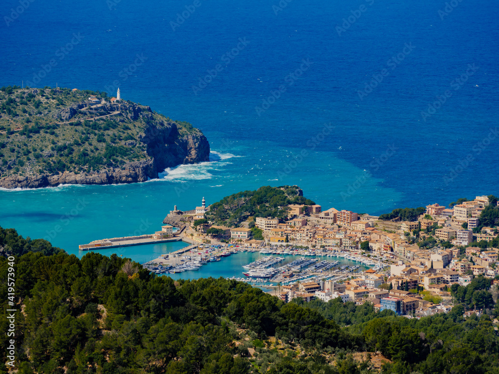 ses barques, a bar with spectacular panoramic  view onto the port of Soller on the balearic island of Mallorca in the tramuntana region in the country of  spain
