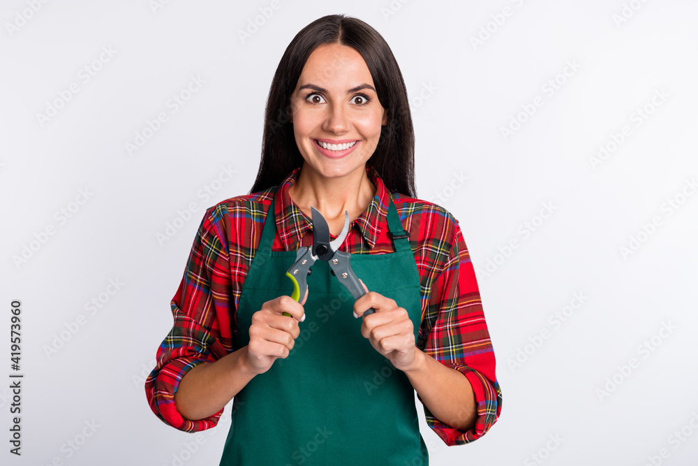 Photo of happy crazy amazed young woman hold garden scissors wear green apron isolated on grey color background Photo of happy crazy amazed young woman hold garden scissors wear green apron isolated on grey color background