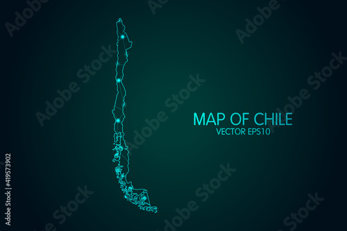 Map of Chile - With glowing point and lines scales on the dark gradient background, 3D mesh polygonal network connections.Vector illustration eps 10.