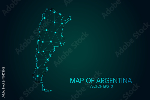 Map of Argentina - With glowing point and lines scales on the dark gradient background, 3D mesh polygonal network connections.Vector illustration eps 10.