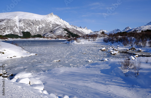 Lofoten Islands coast and mountains in Winter, Lofoten, North Norway