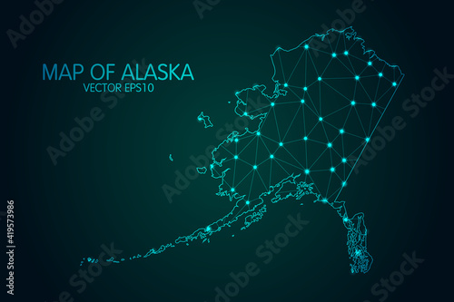 Map of Alaska - With glowing point and lines scales on the dark gradient background, 3D mesh polygonal network connections.Vector illustration eps 10.