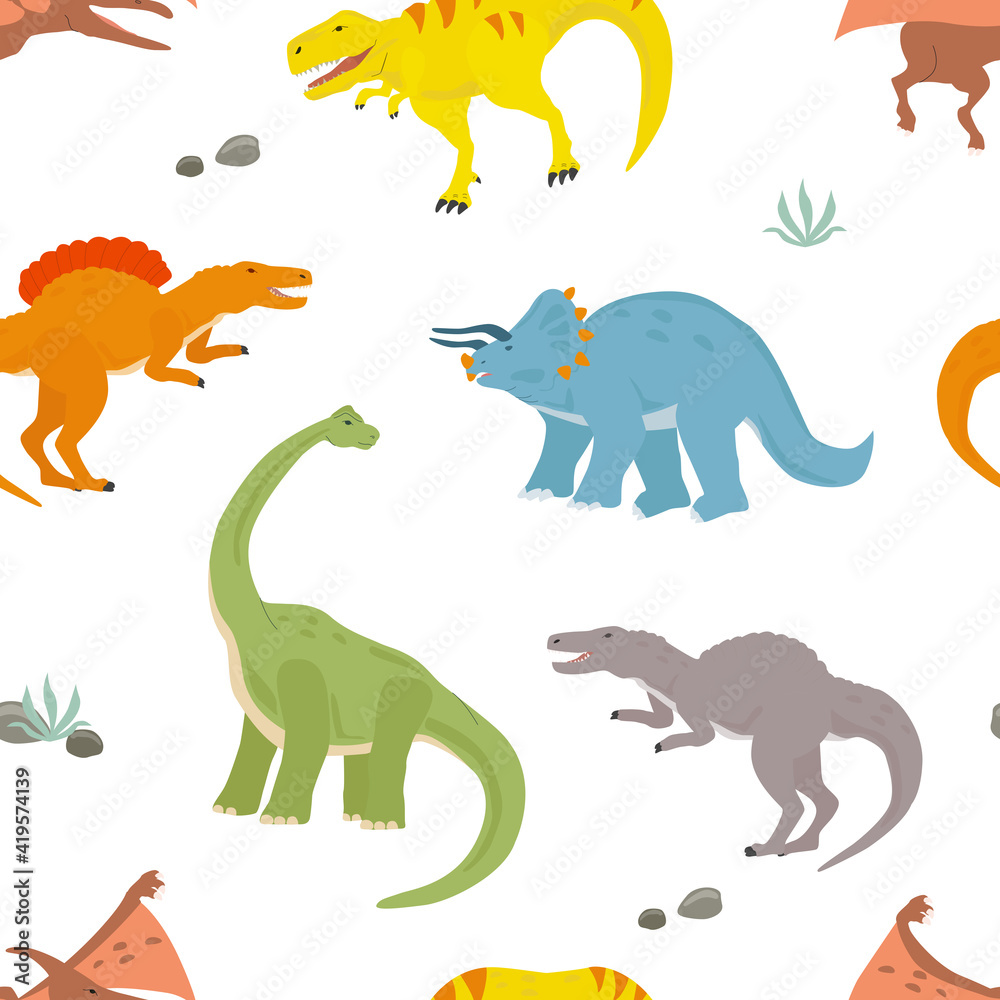 Seamless pattern with dinosaurs isolated on a white background. Vector illustration for printing on packaging paper, fabric, postcard, clothing. Cute children's background Seamless pattern with dinosaurs isolated on a white background. Vector illustration for printing on packaging paper, fabric, postcard, clothing. Cute children's background
