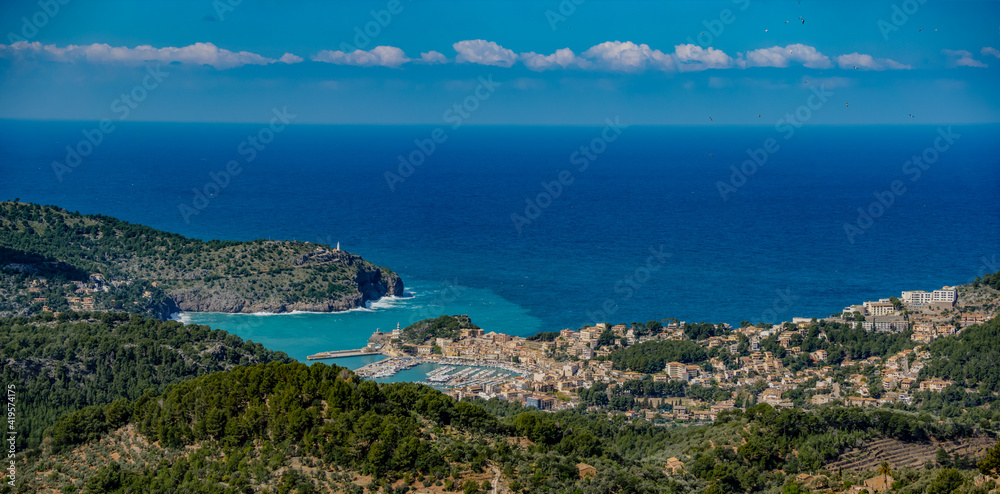 ses barques, a bar with spectacular panoramic  view onto the port of Soller on the balearic island of Mallorca in the tramuntana region in the country of  spain
