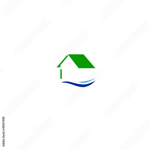 Fototapeta Naklejka Na Ścianę i Meble -  Lakeside Home Roof green with Blue lake Sign, Symbol, Logo, river isolated on white