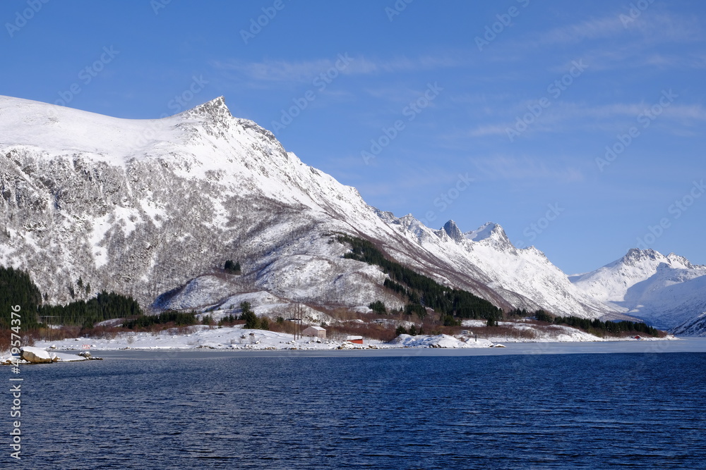 Lofoten Islands coast and mountains in Winter, Lofoten, North Norway