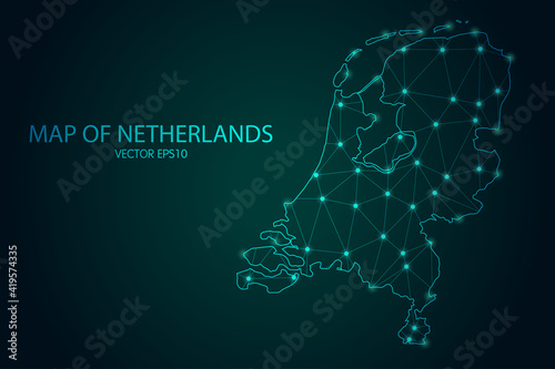 Map of Netherlands - With glowing point and lines scales on The dark gradient background, 3D mesh polygonal network connections. Vector illustration Eps10.