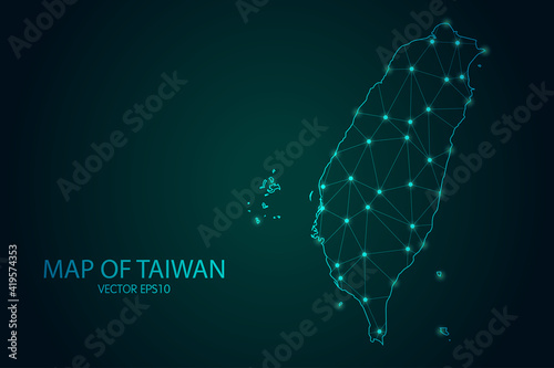 Map of Taiwan - With glowing point and lines scales on The Dark Gradient Background, 3D mesh polygonal network connections. Vector illustration eps 10.