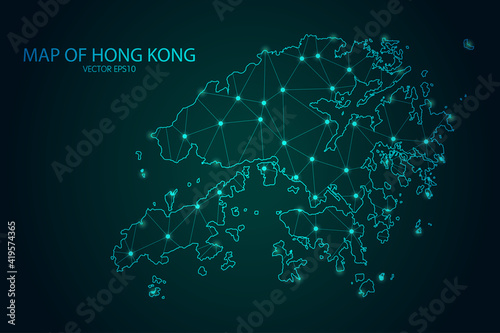 Map of Hong Kong - With glowing point and lines scales on the dark gradient background, 3D mesh polygonal network connections.Vector illustration eps 10.