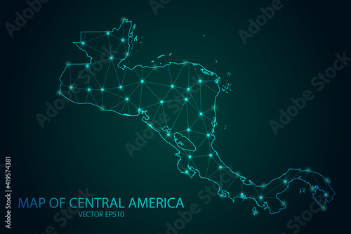 Map of Central America - With glowing point and lines scales on the dark gradient background, 3D mesh polygonal network connections.Vector illustration eps 10.