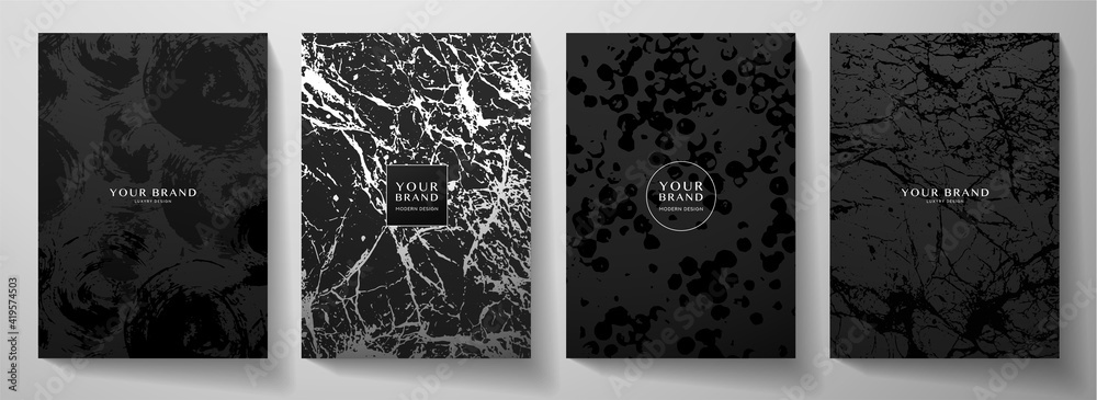 Modern black cover design set. Creative abstract art pattern with  brush stroke, marble texture, crack on background. Grunge vector collection for catalog, brochure template, magazine layout, booklet