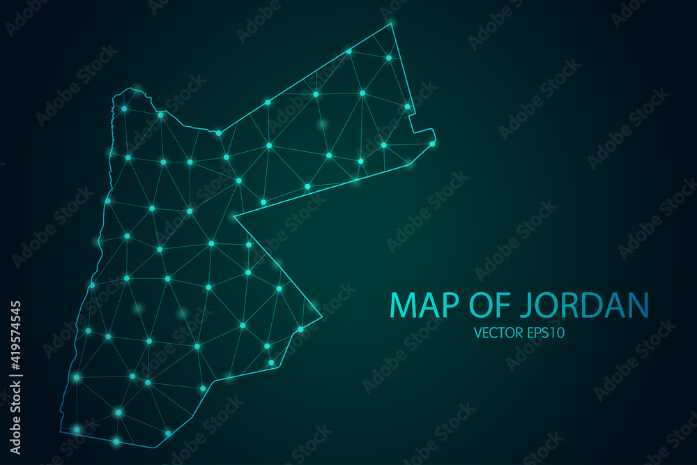 Obraz premium Map of Jordan - With glowing point and lines scales on The dark gradient background, 3D mesh polygonal network connections. Vector illustration eps10.