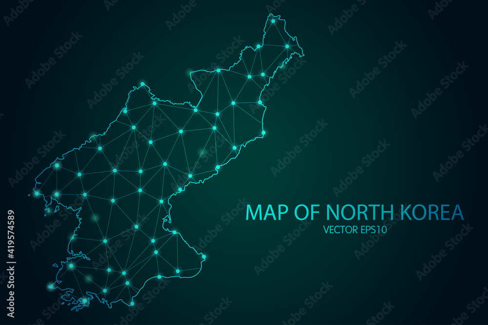 Obraz premium Map of North Korea - With glowing point and lines scales on The dark gradient background, 3D mesh polygonal network connections. Vector illustration eps10.