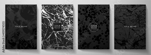 Modern black cover design set. Creative abstract art pattern with  brush stroke, marble texture, crack on background. Grunge vector collection for catalog, brochure template, magazine layout, booklet