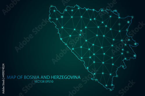 Map of Bosnia and Herzegovina - With glowing point and lines scales on The dark gradient background, 3D mesh polygonal network connections. Vector illustration eps10.