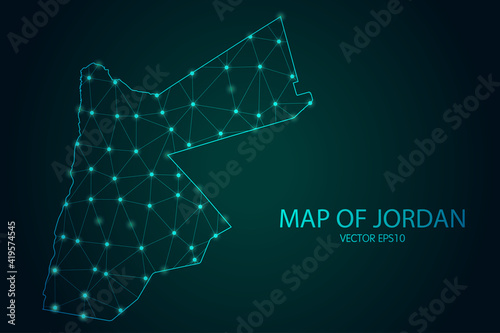 Map of Jordan - With glowing point and lines scales on The dark gradient background, 3D mesh polygonal network connections. Vector illustration eps10.