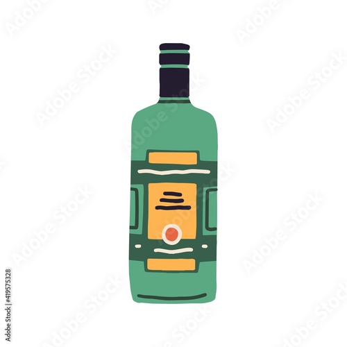 Glass bottle of becherovka with label. Traditional Czech alcoholic beverage. Colored flat vector illustration isolated on white background