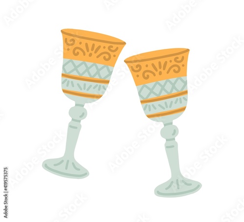 Vintage glass stemware decorated with ornament. Two retro crystal wineglasses. Colored flat vector illustration of wine glasses or goblets isolated on white background