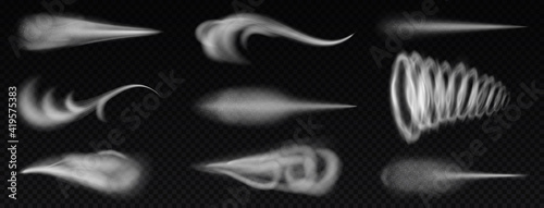 Realistic wind trails. Dust spray and smoky stream and wind blowing trails, smoky stream. Flow curved shapes vector illustration set. Air fog or blast isolated collection, flying smoke