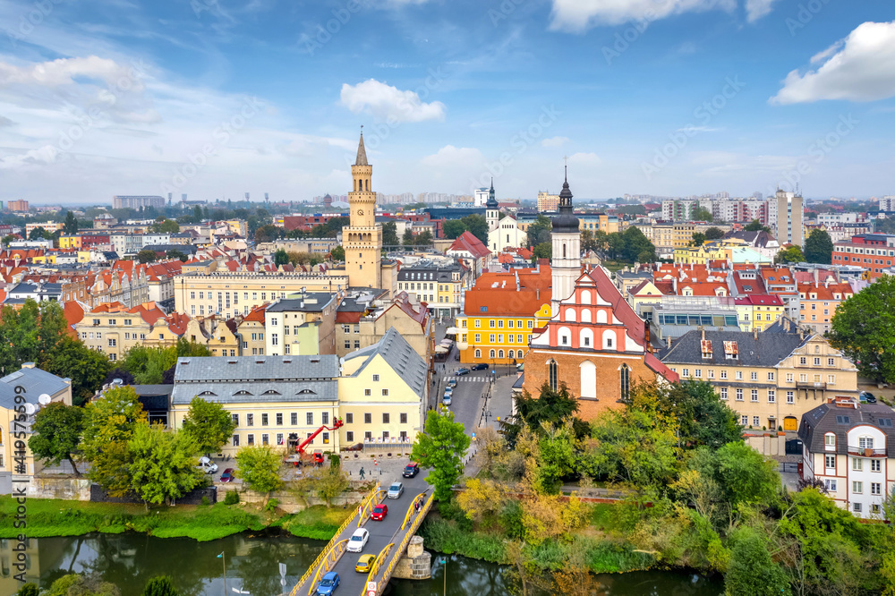 Opole, Poland. Aerial cityscape of old town with tower of Town hall and church of Franciscan convent