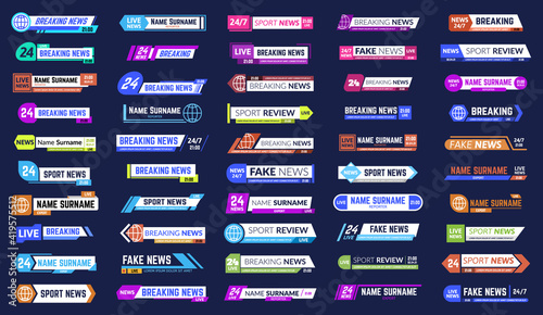 Tv news bars. Breaking news broadcasting third part banners, headline information media screen frames. Television broadcast bar vector illustration set. Sport or fake news for channel or program