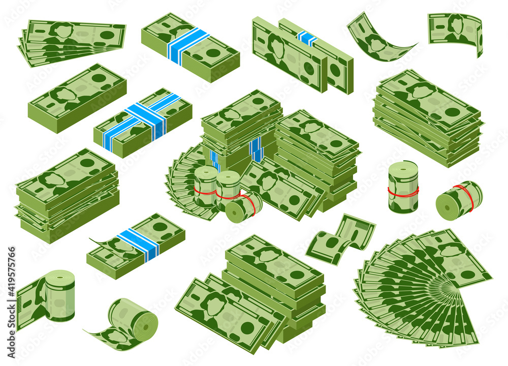 Isomeric money. Dollar banknotes piles, green dollar bills stack, earnings money treasure. Money cash capital vector illustration set. Business investment, rolls and bundles of money