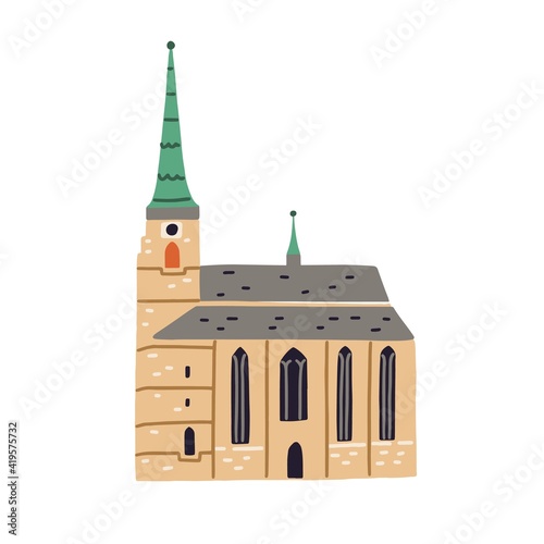 St. Bartholomew's cathedral in Pilsen. Old Czech cathedral with tower. Ancient church in Plzen. Colored flat vector illustration of European historical landmark isolated on white background