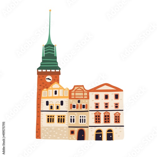 Green Gate or Zelena Brana in Pardubice. Old Czech building with tower and spire. Colored flat vector illustration of famous European landmark isolated on white background