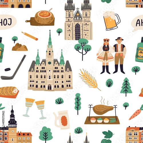 Seamless pattern with national symbols of Czech Republic. Endless repeatable background with Prague buildings, architecture and food. Colored flat vector illustration of texture for printing.
